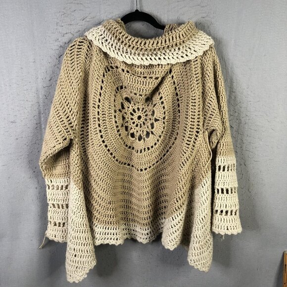 Unknown Sweaters - Crochet Cardigan Sweater Womens Handmade Beige Grannycore Boho Hippie Retro 70s